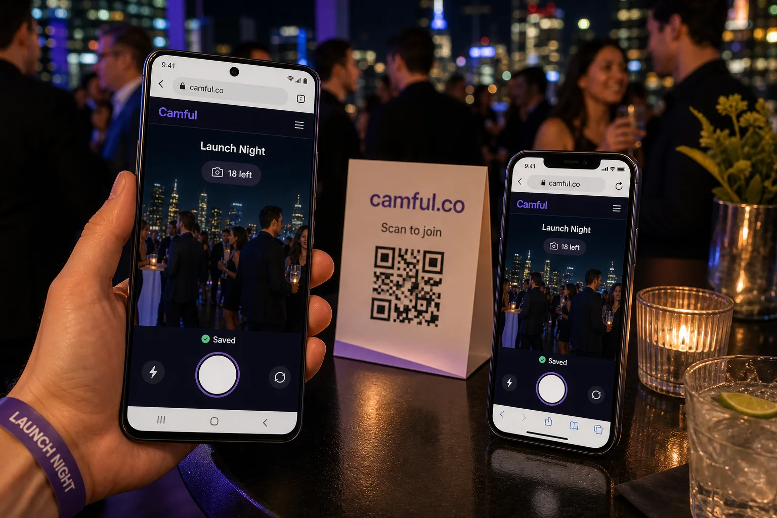 Builders and guests using the Camful browser camera at a hackathon and launch night