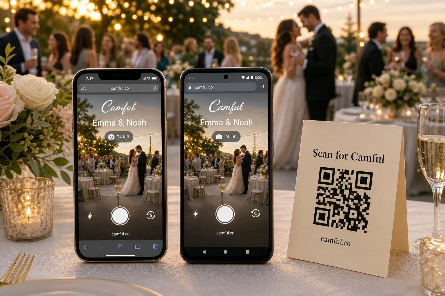 Wedding guests using the Camful browser camera at a reception