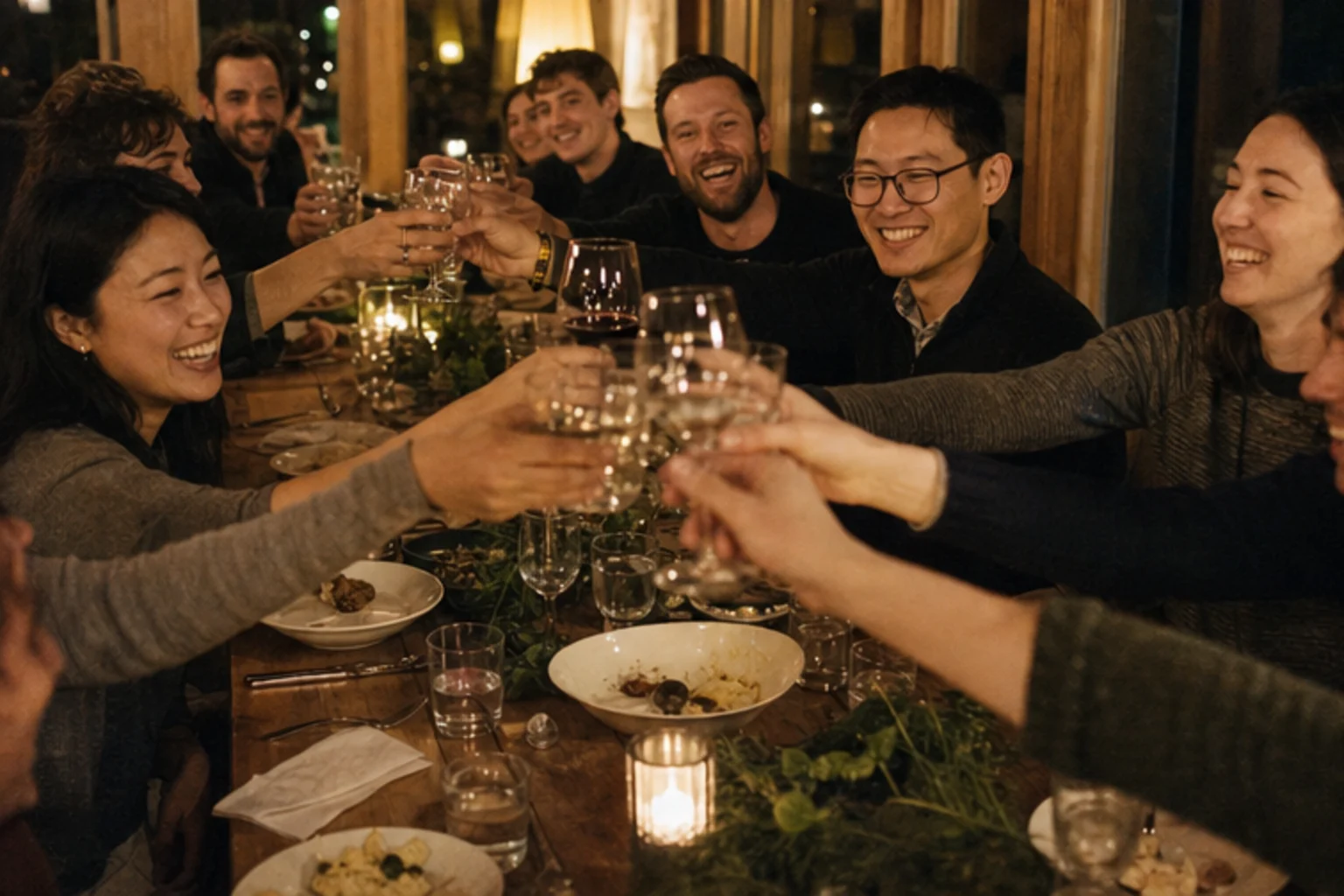 Coworkers raising a lively toast around a dinner table