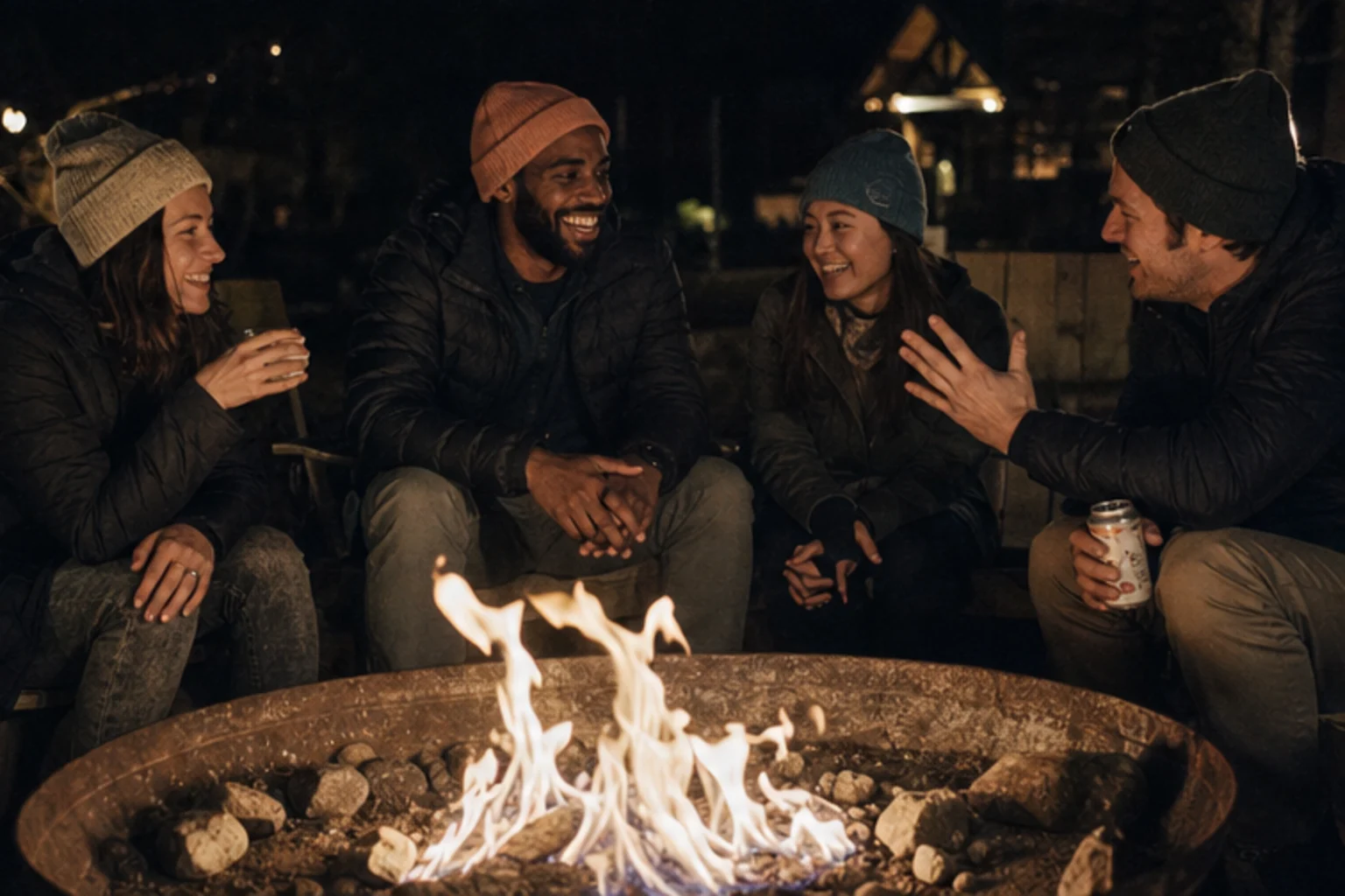 Teammates trading stories around a fire pit