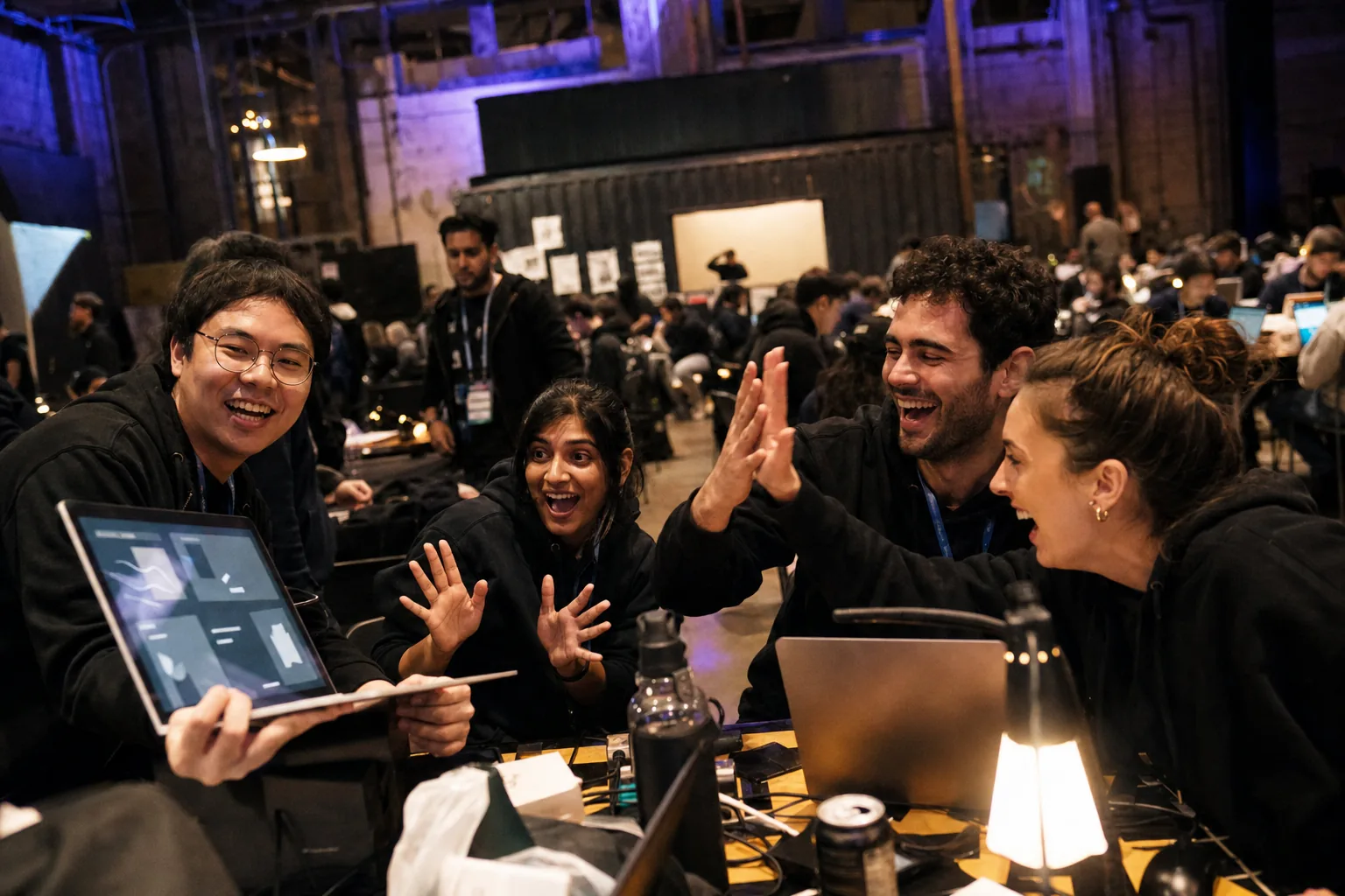 A hackathon team reacting to a working demo