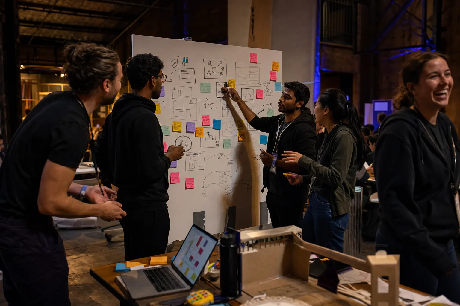 Hackathon teammates debating ideas at a whiteboard