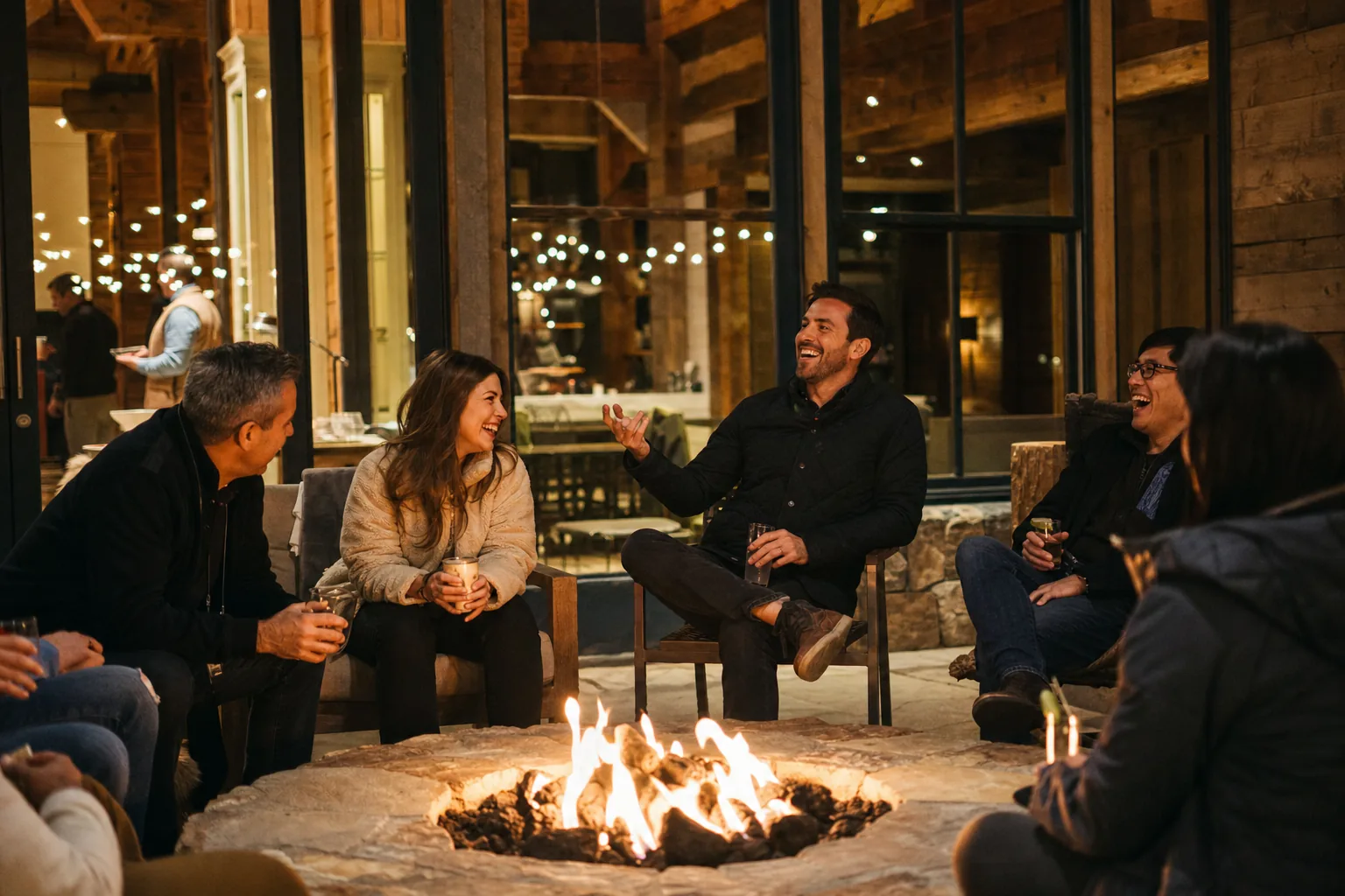 Teammates sharing stories in the evening