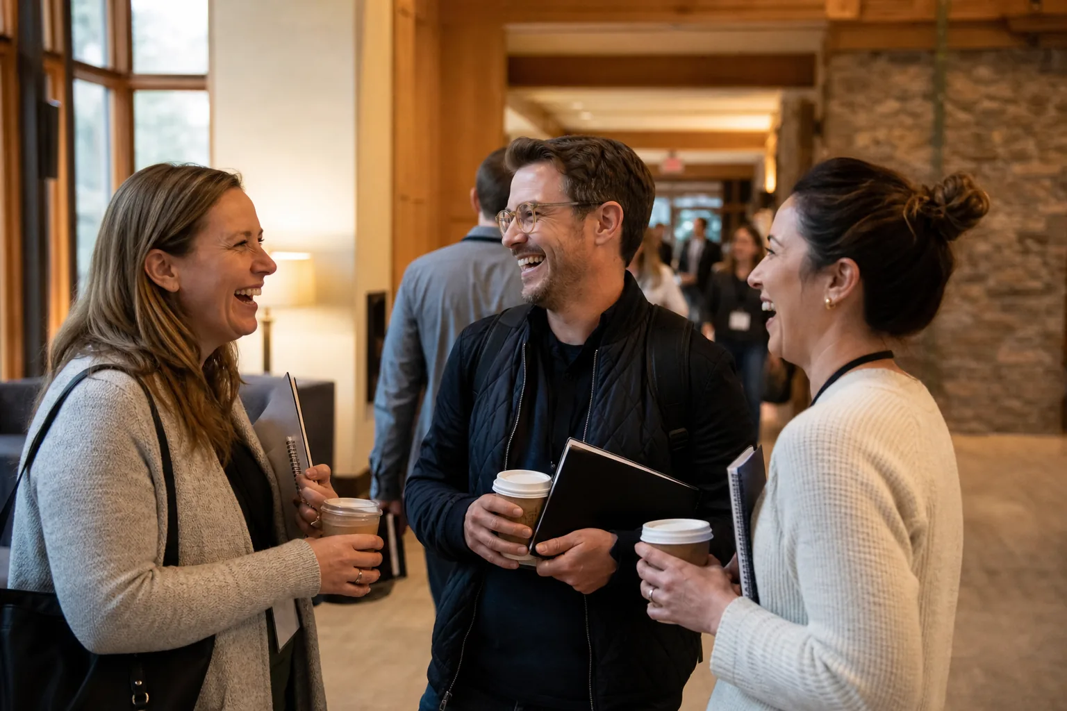 Coworkers laughing between offsite sessions