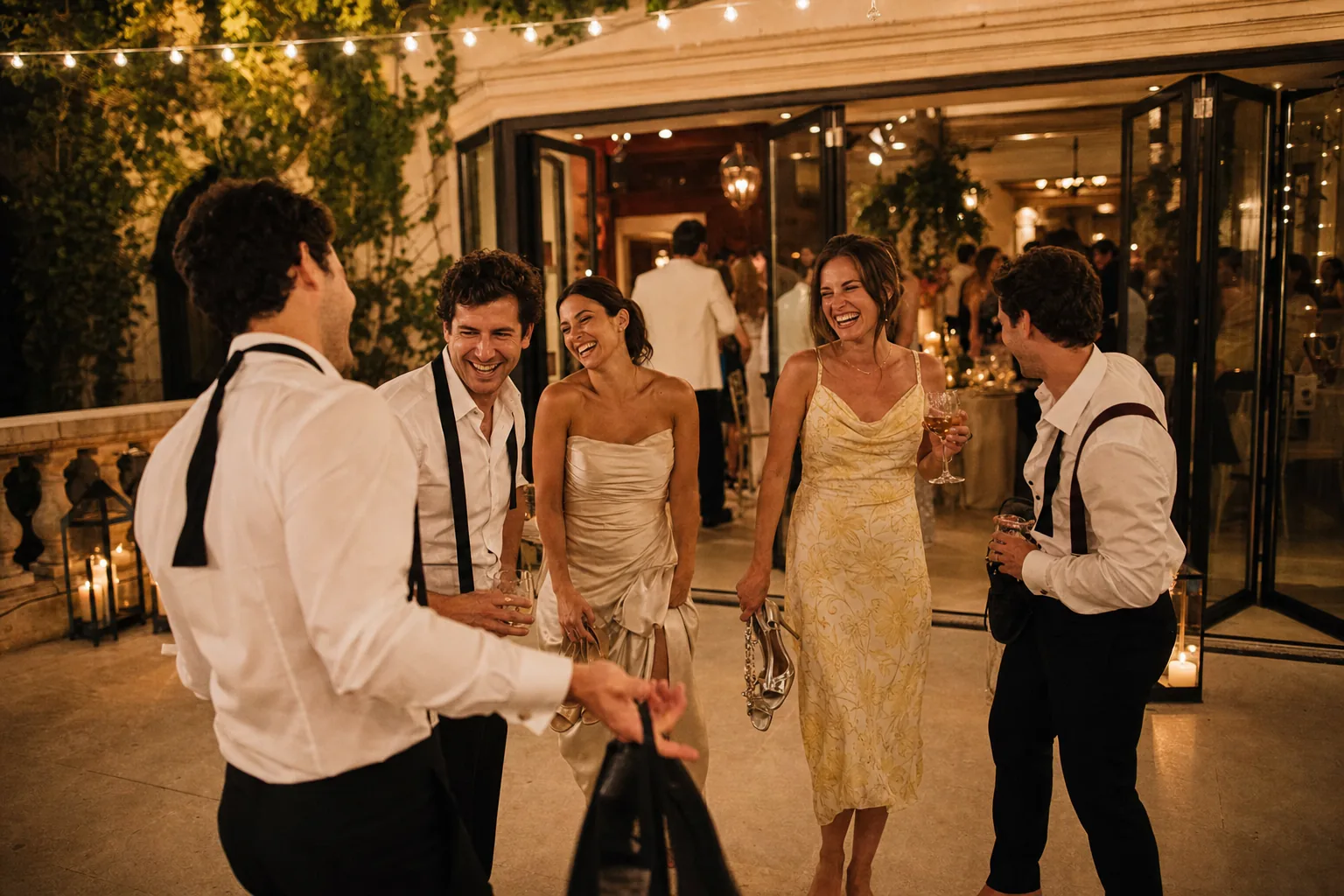 Friends together near the end of the wedding night