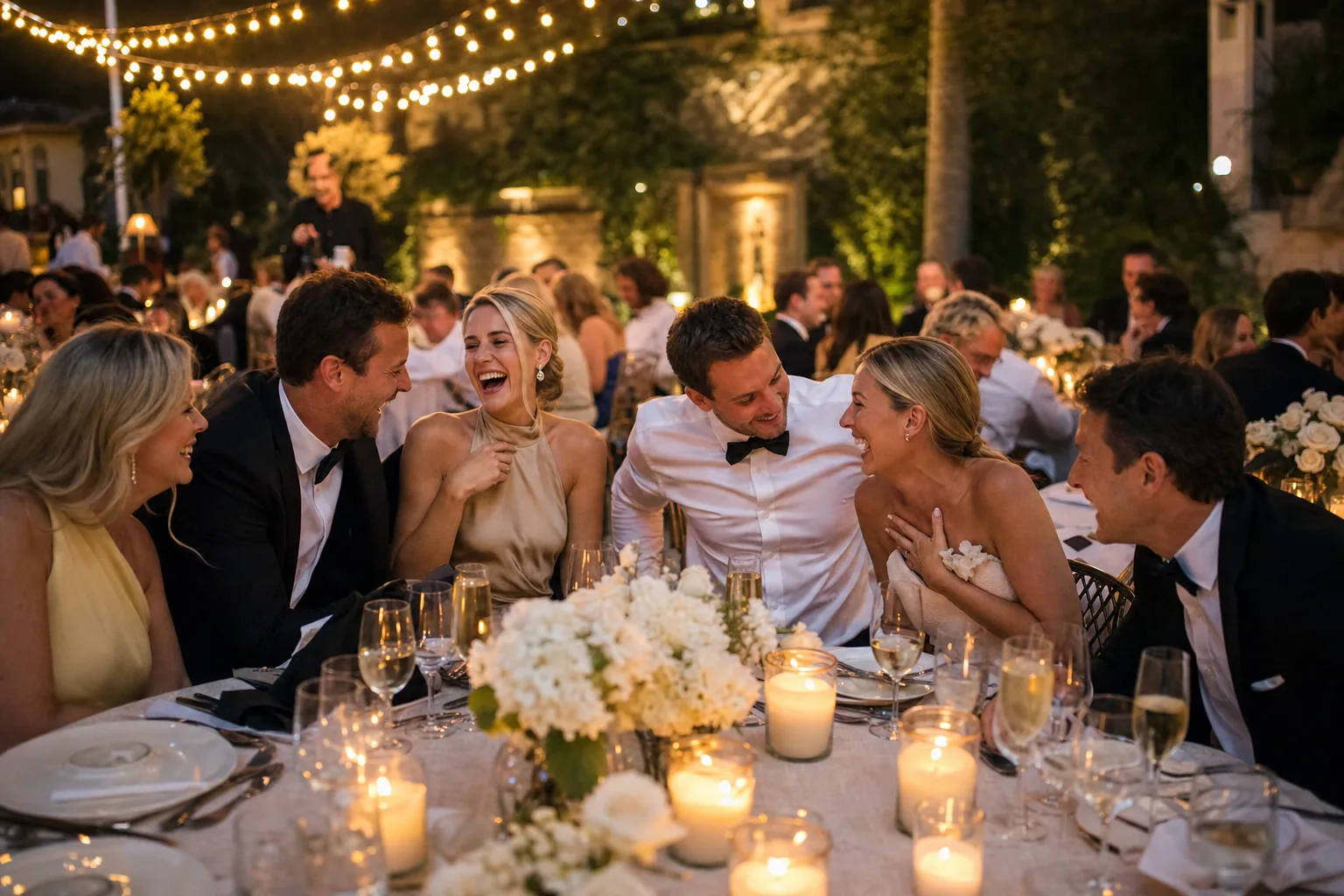 Friends laughing together around a reception table
