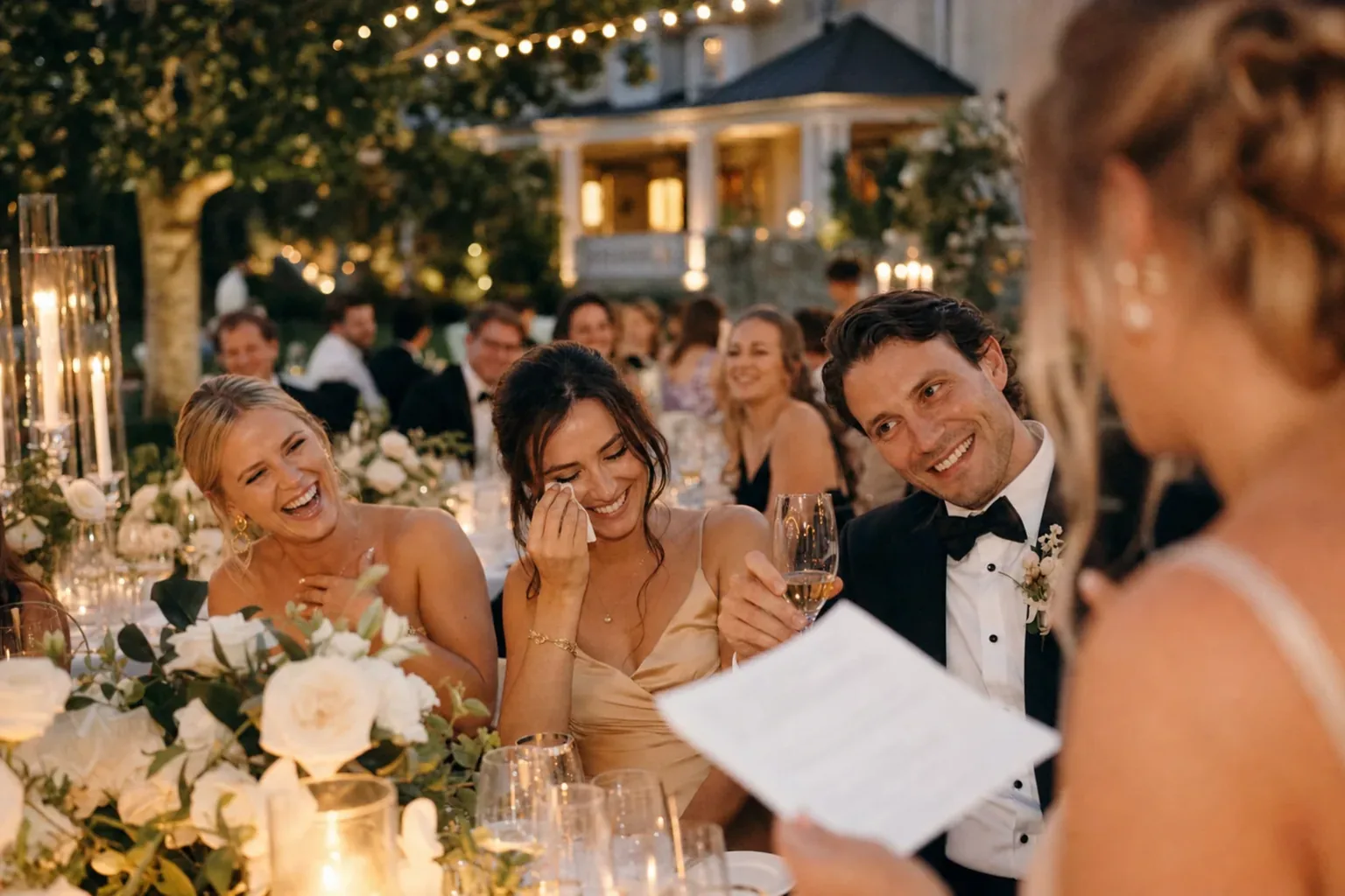 Guests reacting during a wedding toast